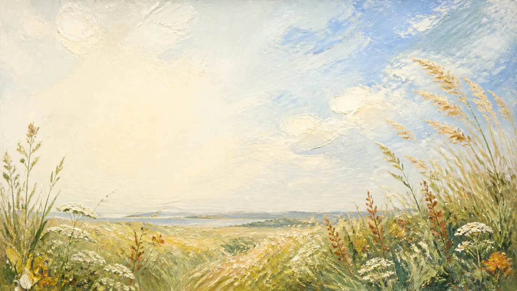 A sunlit coastal meadow painted in pale blue and gold brushstrokes