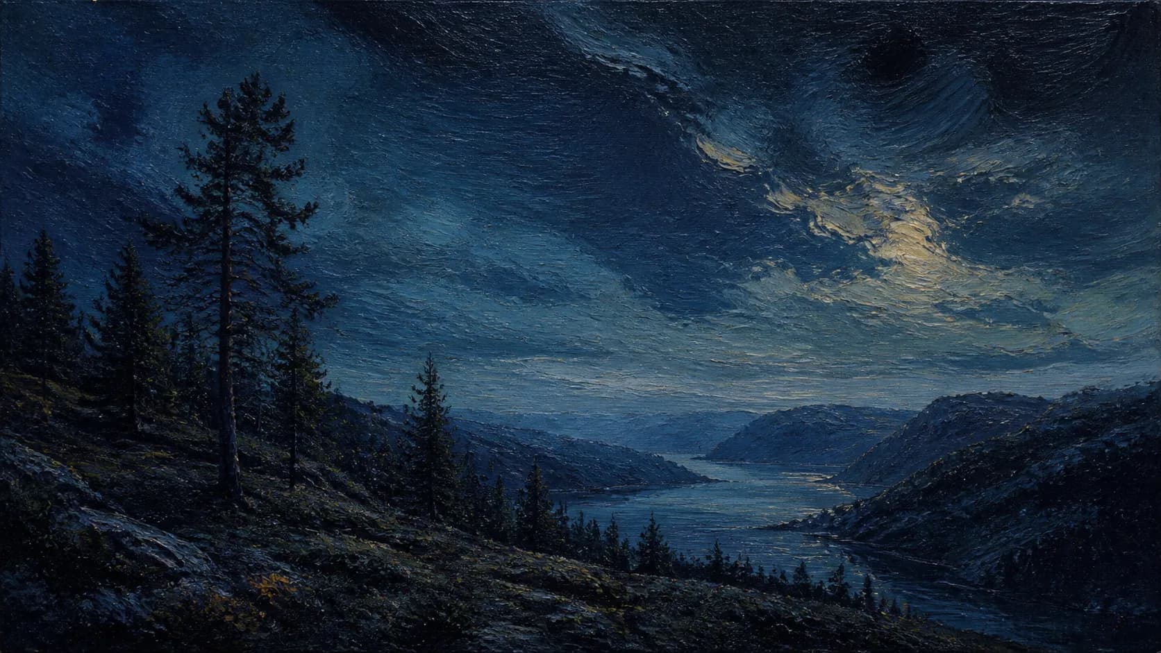 A moonlit Norwegian fjord painted in deep blue brushstrokes