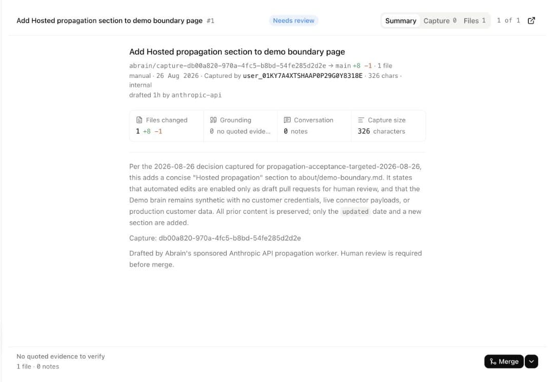 The abrain review screen showing a proposed knowledge change